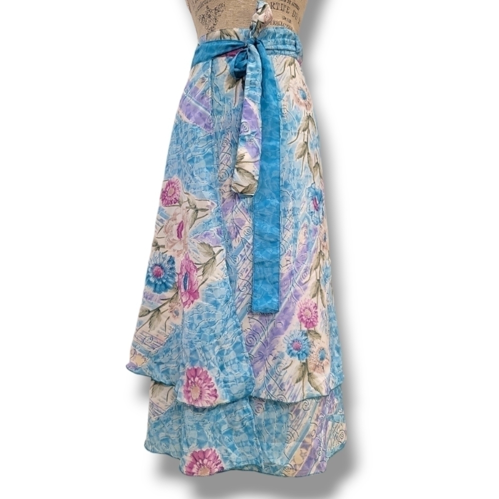Jovani Designs Hawaiian Aqua Floral Silk Blend Wrap Maxi Skirt - Size Large O/S